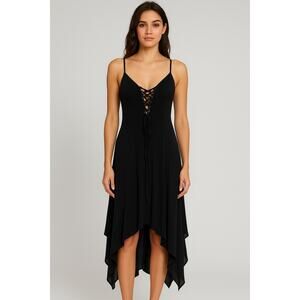 Anna Jr Y2K Black Lace Up Corset Midi Dress Gothic Boho Asymmetrical Hem